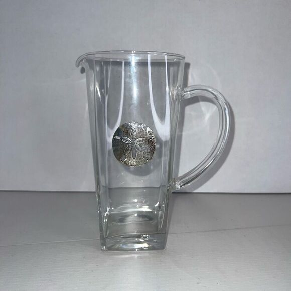 Vintage Maurice Milleur Clear Glass Pitcher With Silver Plate Sand Dollar Beach - Picture 1 of 9
